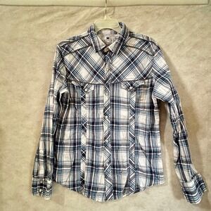 Pop Icon Clothing Buckle Mens Blue Plaid Pearl Snap Fleur-De-Lis Western Shirt M